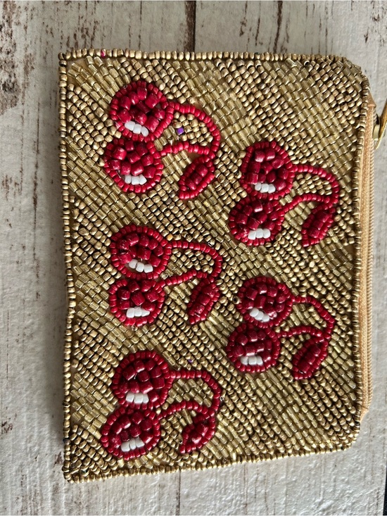 Handbags - 4/$50 Gold Beaded Cherry Wristlet with Red Accents